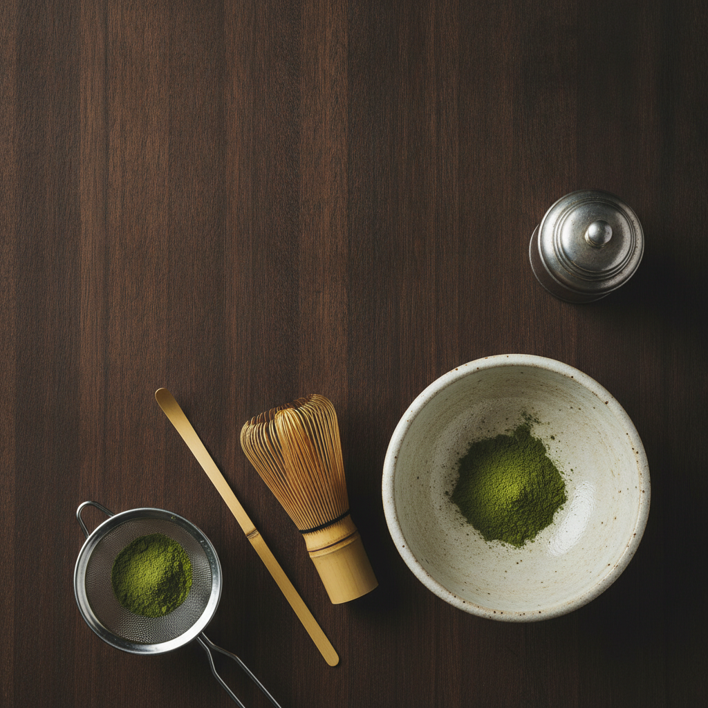 Matcha kit flat lay with bowl whisk scoop and sifter