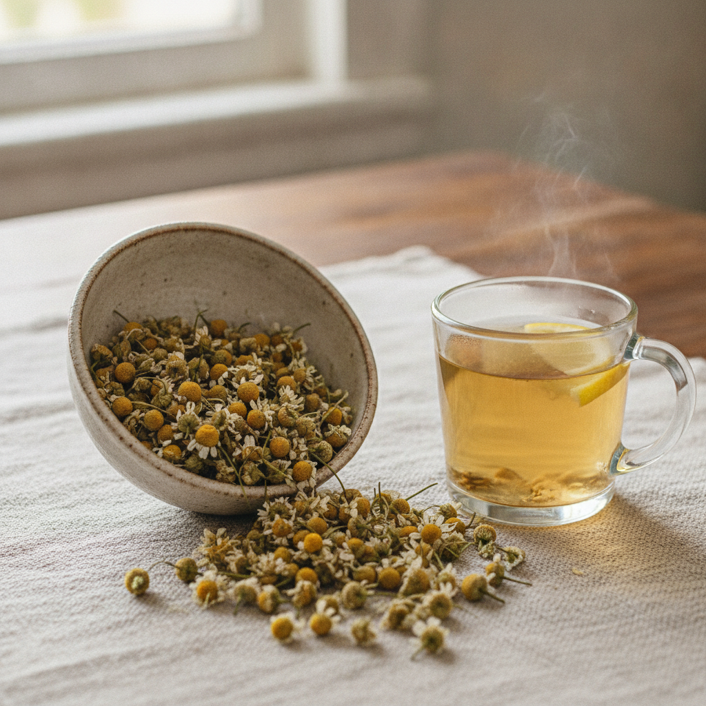 Dried chamomile flowers and a mug of pale golden brewed tea